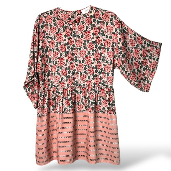 THE GREAT. 100% Silk Pink / Green Floral Mini Dress Button Back Sz 1 (Small) - Picture 1 of 8